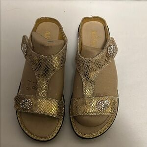 New, never worn.  Alegria Gold Sandals with Rhinestone Details.  Euro 37